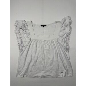 Boho Adrienne Vittadini Womens XL Flutter Sleeve Top White Lace Trim Square Neck